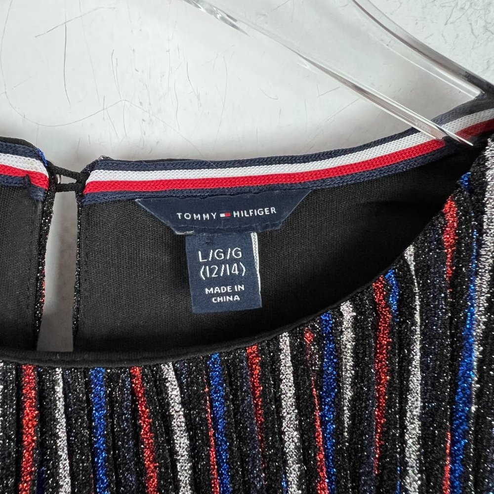 Tommy Hilfiger Metallic Sparkly Stripe Ruffle Dress Girl's Size Large L 12/14 W1 - Picture 4 of 11